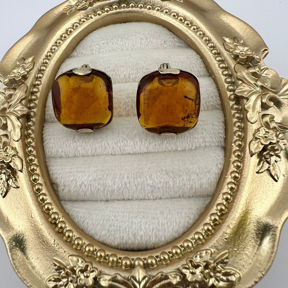 Vintage Monet Honey Amber Color Cushion Clip On Earrings Gold Tone Signed